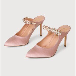 NEW Lulus Size 5.5 Sephoraa Rose Gold Satin Pearl Pointed Toe Mule Pumps Heels